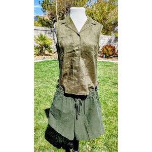 Olive Green Sm Button-Down Sleeveless Shirt+Med Petite Shorts 2pc Outfit Set EUC